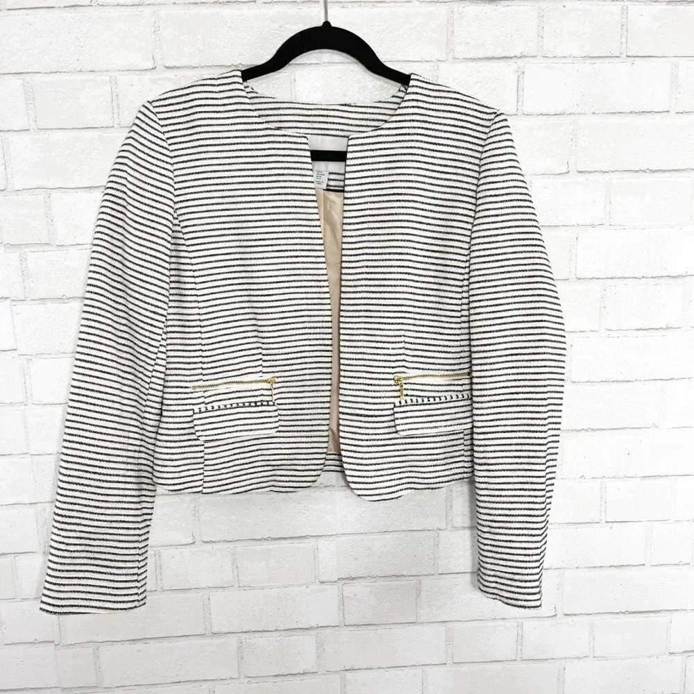 Katherine Barclay Black & Off White Striped Open Front Jacket Women's Medium